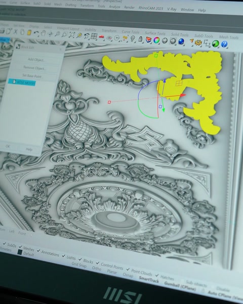 Schermo del software di progettazione 3D che mostra il layout dell'ornamento del soffitto curvo