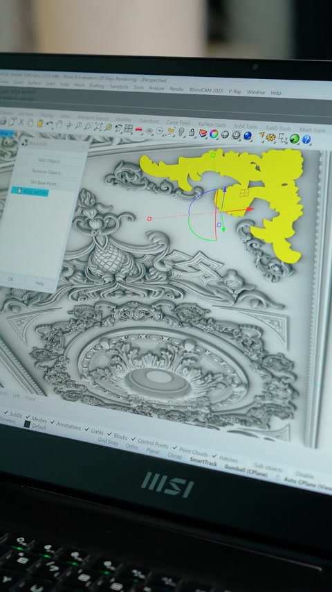 3D design software screen showing curved ceiling ornament layout