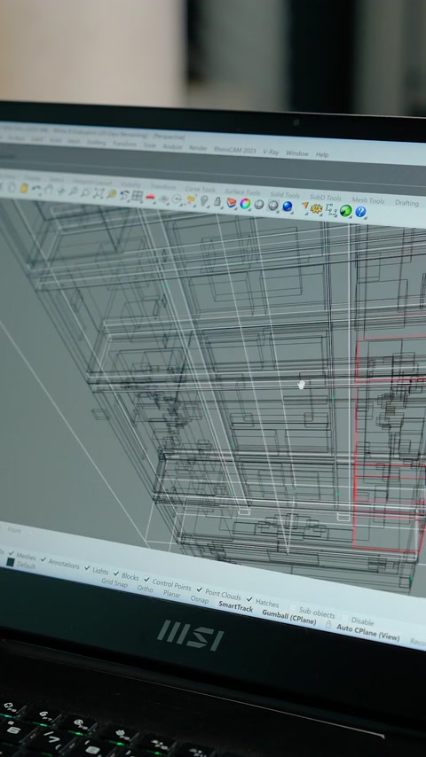 Technical wireframe drawing of sloped ceiling on computer screen