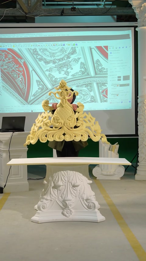Assembled ceiling combination piece displayed on pedestal stand