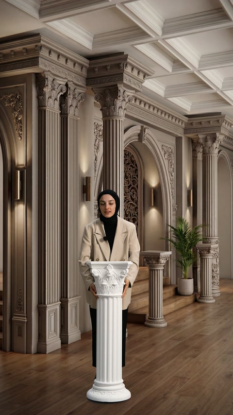 Il video mostra pannelli murali ad arco insieme a colonne con capitelli corinzi nella sala.