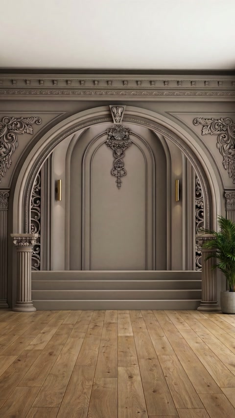 Sulla scena della sala ricevimenti si vedono archi simmetrici, gradini e applique.