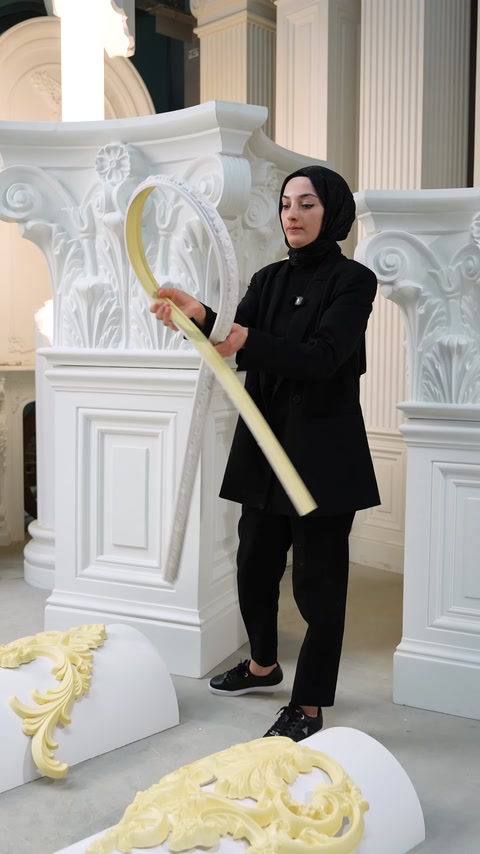 Donna che tiene una modanatura flessibile color crema piegata a forma d'arco