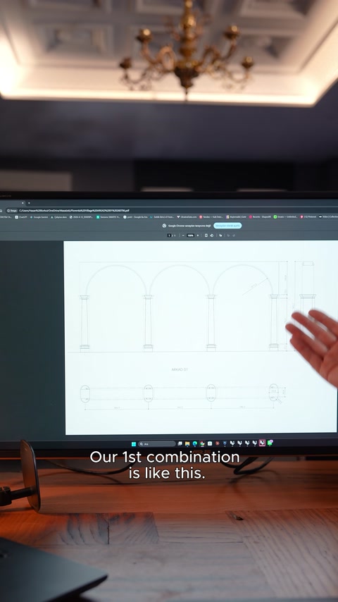Üç açıklıklı kemerli arkadın görünüş ve plan çizimleri