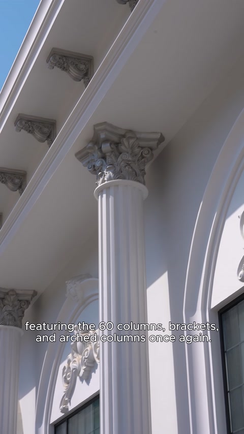 Sono dettagliati una colonna con capitello ionico, la bordura dell'arco e la cornice del soffitto