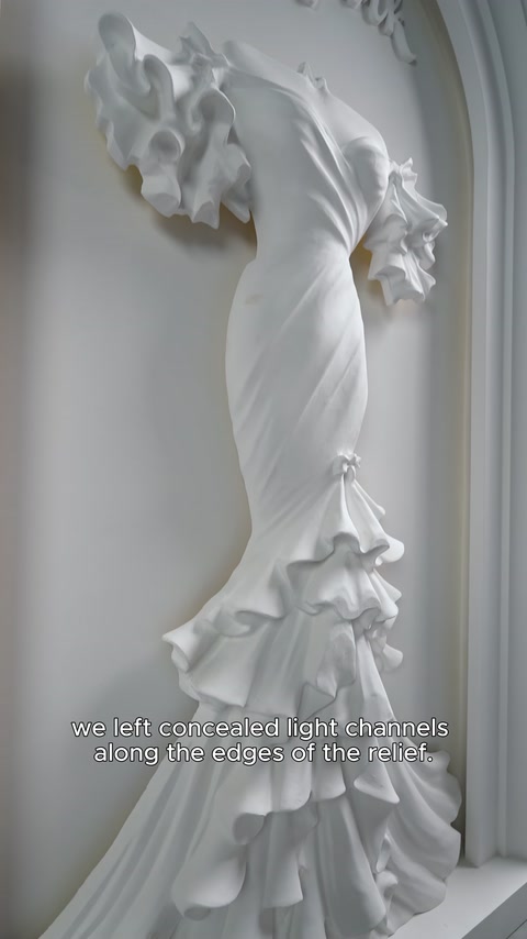 The ruffled skirt and draped bodice details are presented up close