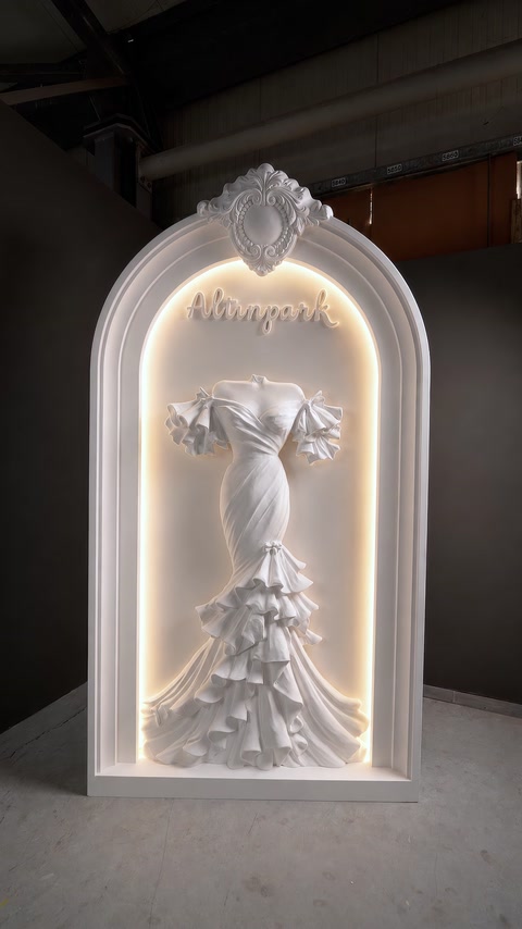 The wedding dress relief with its concealed lighting channels switched on is shown in full