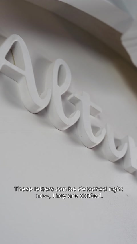 The removable letter details of the grooved decorative lettering are shown up close