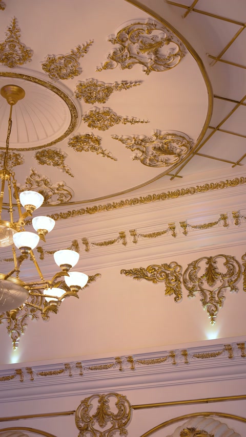 Gold ceiling medallions and cornices form an elaborate decorative composition