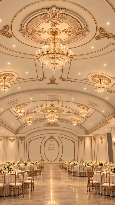 Grand ballroom ceiling combines chandeliers, medallions and gold-edged mouldings