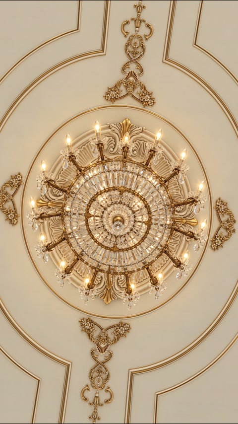 Ornate circular ceiling medallion frames a large crystal chandelier