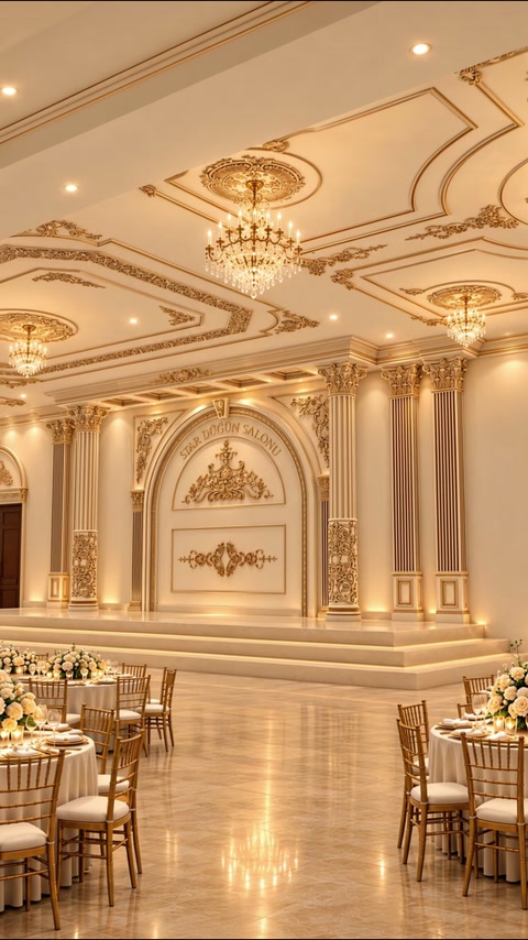 Gold-trimmed ceiling patterns continue across columns and raised stage backdrop