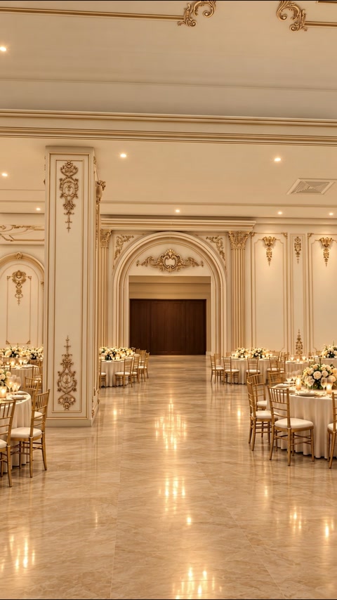 Decorative doorway surround complements gold wall mouldings and ceiling trim