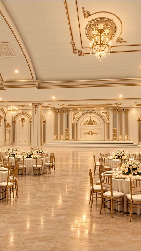 Symmetrical ballroom view highlights columns, ceiling medallions and wall panels