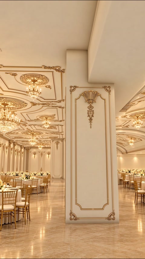 Square decorative column divides the ballroom beneath coordinated ceiling mouldings