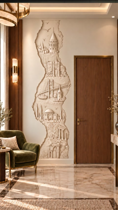 Il bassorilievo installato incornicia una porta interna con monumenti scolpiti di Istanbul