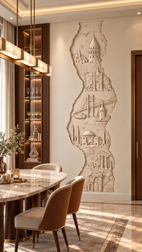 Il bassorilievo murale crea un elemento architettonico verticale accanto all’arredo della sala da pranzo