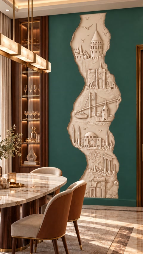 Il bassorilievo di Istanbul appare montato su una parete verde scuro a contrasto