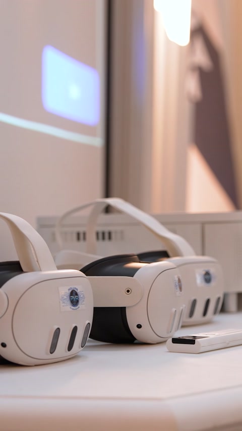 Visori per realtà virtuale sono preparati su un tavolo per una dimostrazione di tecnologia architettonica