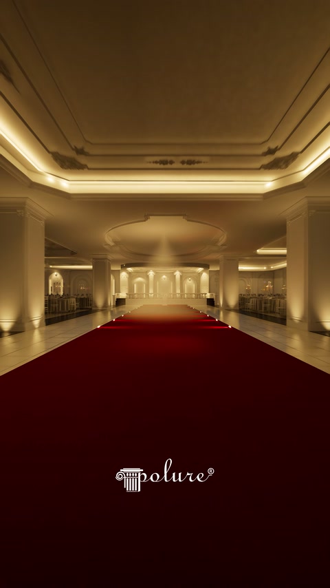 Design visualization showing red carpeted corridor extending to arched area