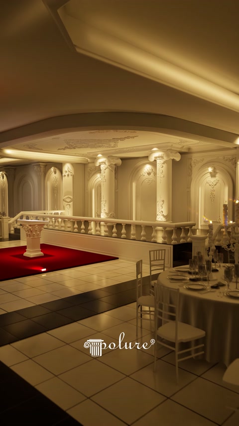 Side view of decorative railings and guest table arrangement