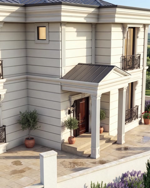Facciata della villa renderizzata con cornici, lesene e dettagli dell'ingresso