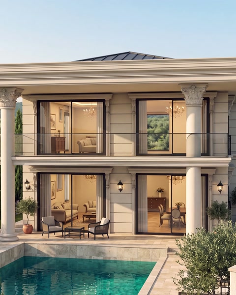 Il render del prospetto frontale mostra colonne, cornici e cornice del balcone