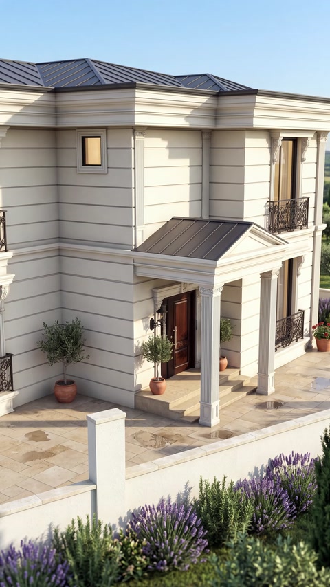 Facciata della villa renderizzata con cornici, lesene e dettagli dell'ingresso