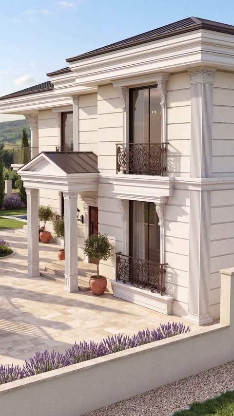 Il render finale mette in evidenza le cornici sovrapposte e le colonne decorative
