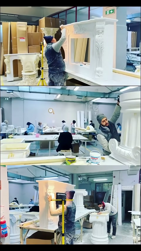 Decorative rectangular-framed table body being prepared in the production area