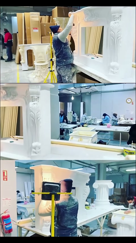 Decorative column-motif table body being prepared in the production area