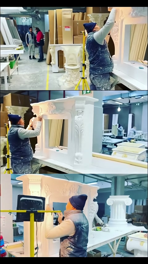 Correction work being performed on the top corner of a large decorative pedestal frame