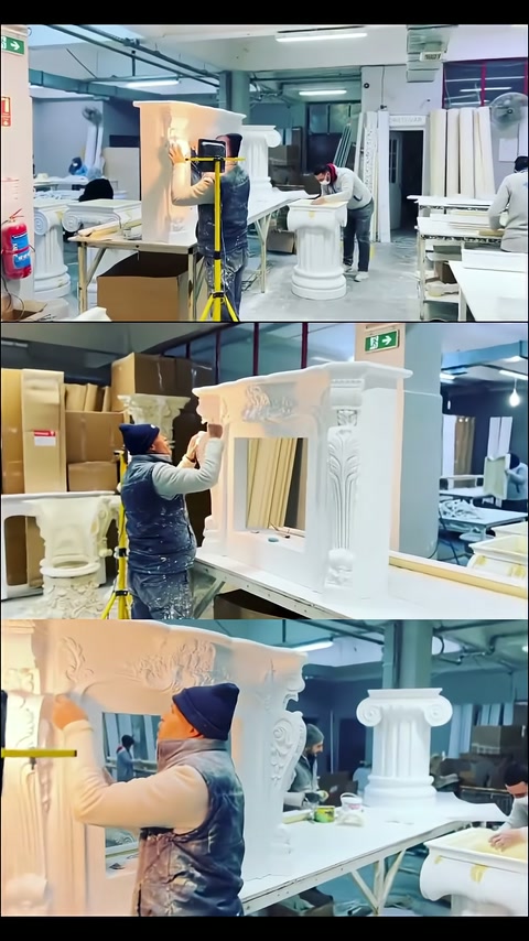 Craftsman working on the inner edge of an embossed table frame