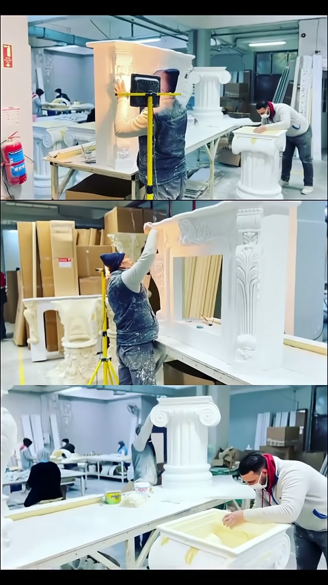 Decorative table body undergoing surface finishing in front of a work lamp