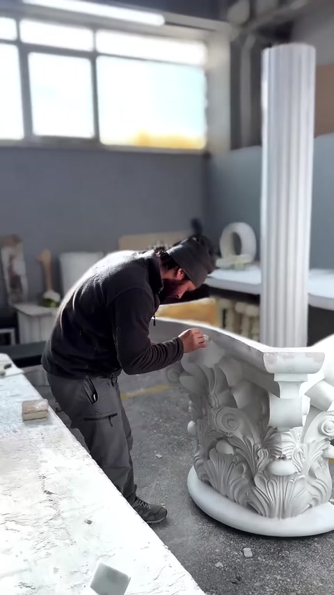 I dettagli delle foglie ricurve del capitello corinzio vengono rifiniti a mano dall'artigiano.