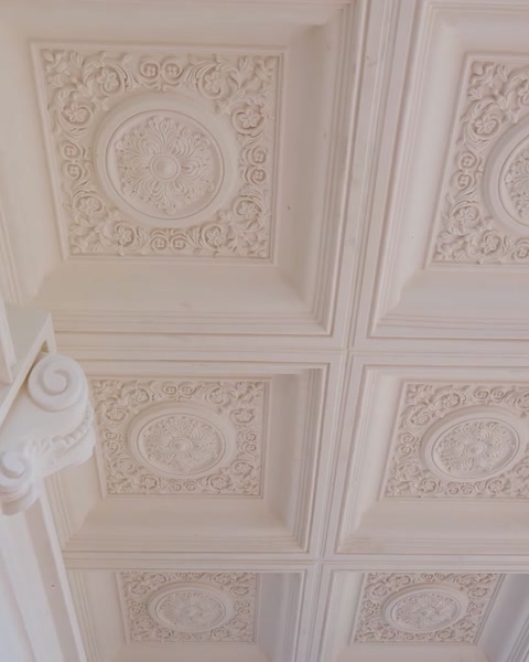 Primo piano della combinazione tra rosone da soffitto e capitello di colonna