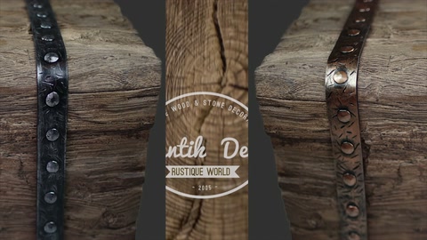 Metal-banded wooden-textured decorative vertical posts displayed side by side