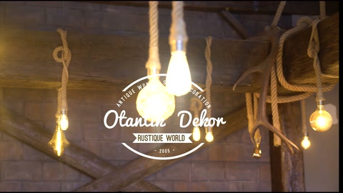 Pendant bulbs with ropes hanging between ceiling beams lighting the space