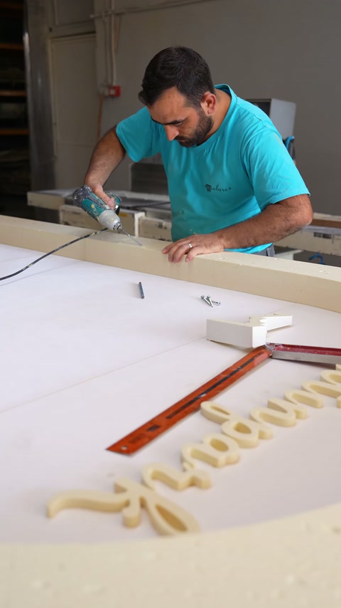 Specialist cuts large white panel to size using hand tool.