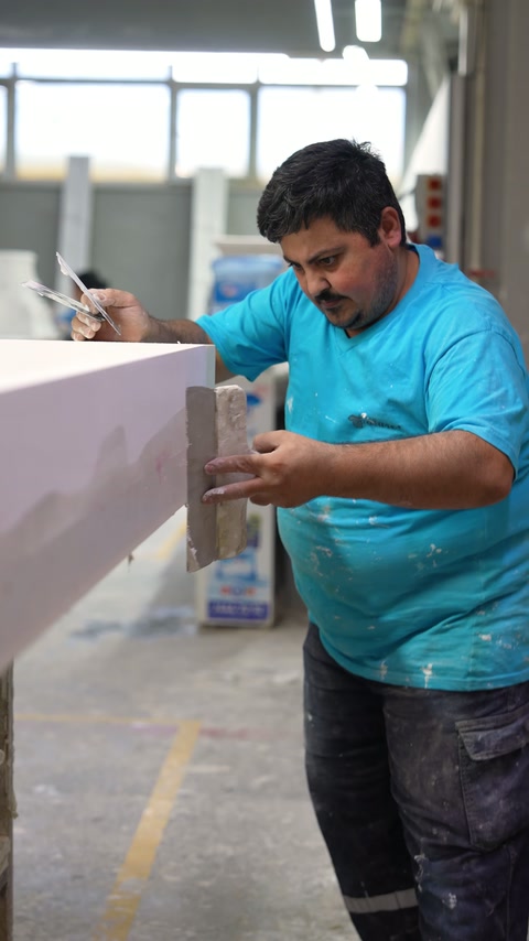 Specialist applies coating material along edge of pink foam piece.