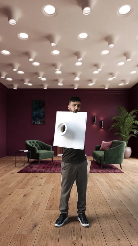 Il presentatore mostra un pannello quadrato con una forma luminosa circolare concava