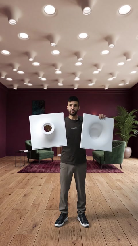 Due pannelli in poliuretano mostrano profili di elementi illuminanti concavi e convessi a contrasto