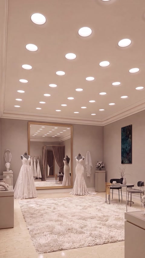 Plafoniere amorfe disposte uniformemente illuminano un elegante atelier di abiti da sposa