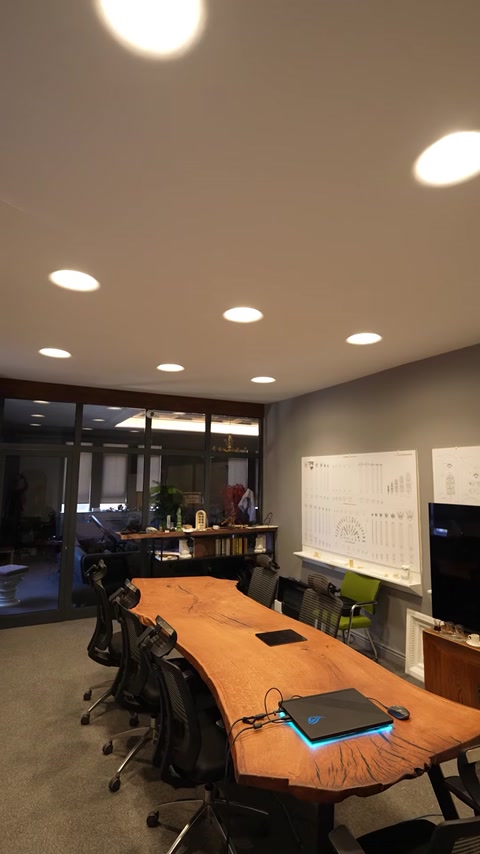 Elementi illuminanti circolari incassati garantiscono una luce ambientale equilibrata in un ufficio moderno