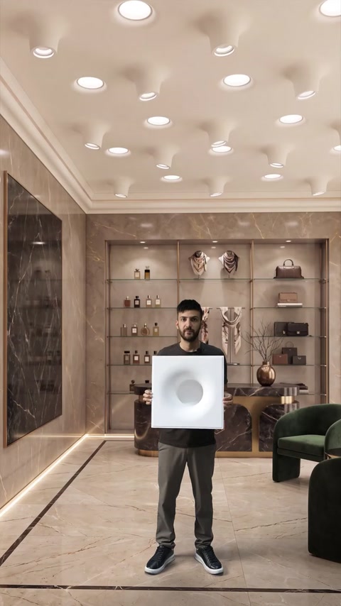 Un’installazione decorativa a soffitto completa uno showroom di lusso con scaffalature illuminate