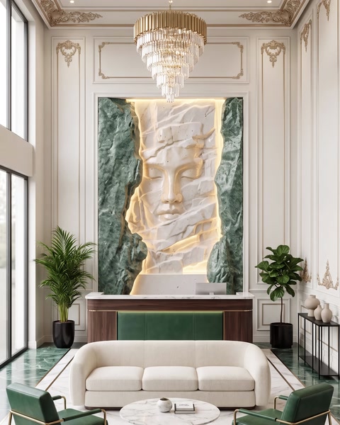 Rilievo facciale illuminato montato su parete di salone