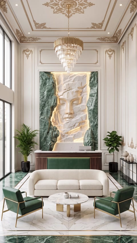 Illuminated relief panel creating a decorative focal point on a classic living room wall