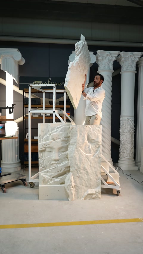 Presenter rotates the long relief section vertically to prepare it for upper positioning.