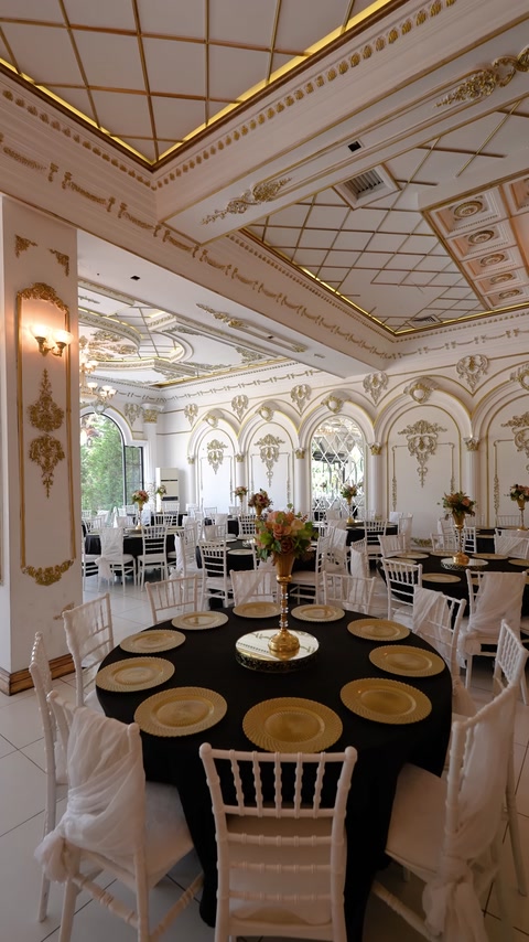 Dining area section arranged with arched wall panels
