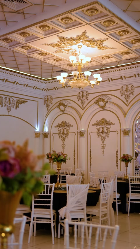 Ceiling with cornices and classical motif wall covering arrangement